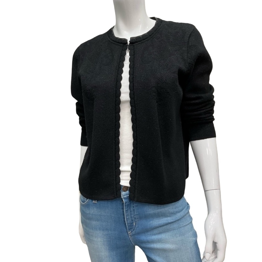 ELIE TAHARI Black Scalloped Trim Leather Wool Blend Cardigan Shimmer Size XL